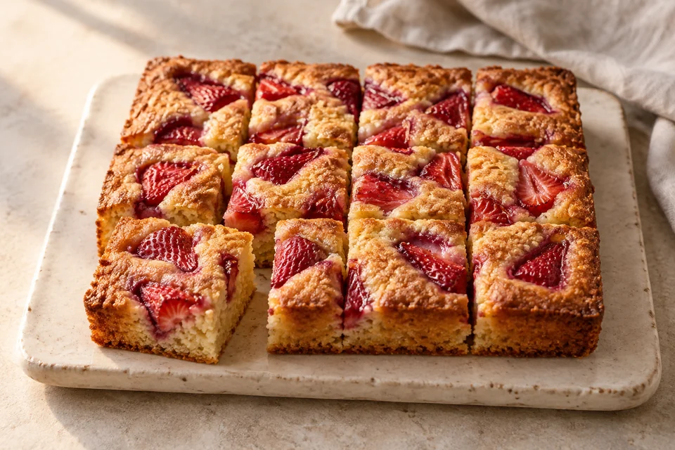 AI-generated serving suggestion for Strawberry Almond Tray Cake. A simple almond tray cake dotted with fresh strawberries and sliced into small squares.