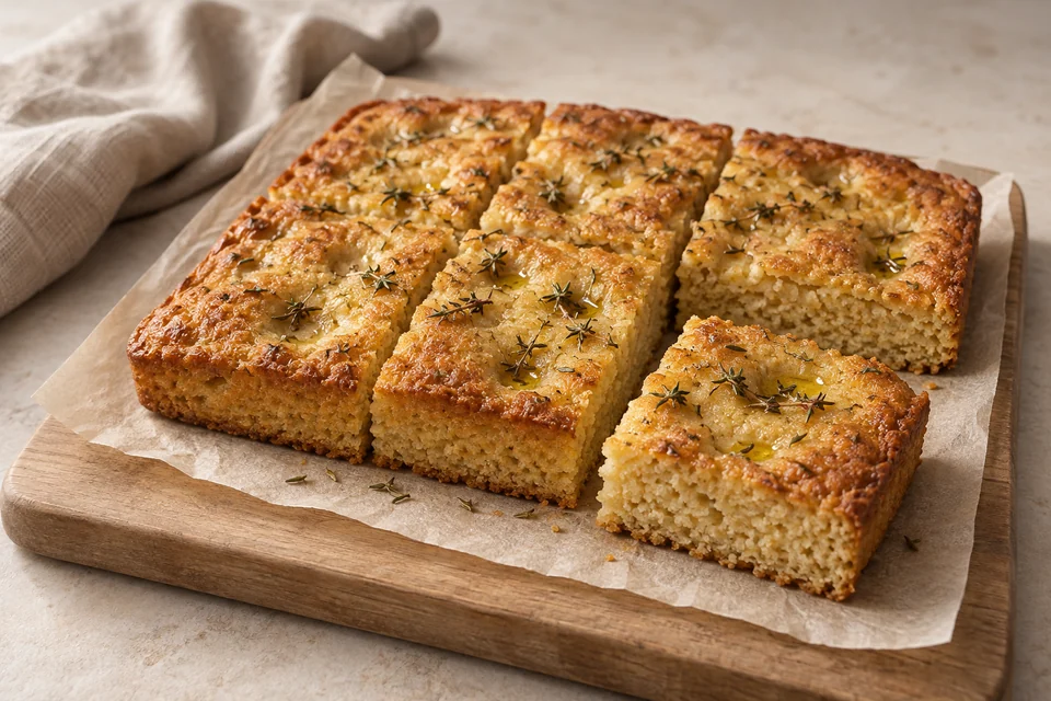 AI-generated serving suggestion for Thyme Almond Focaccia-Style Bread. An olive oil almond flatbread with thyme and a lightly crisp edge.