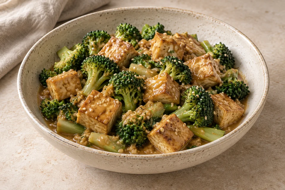 AI illustration of golden tofu cubes and broccoli in peanut sauce topped with sesame seeds.
