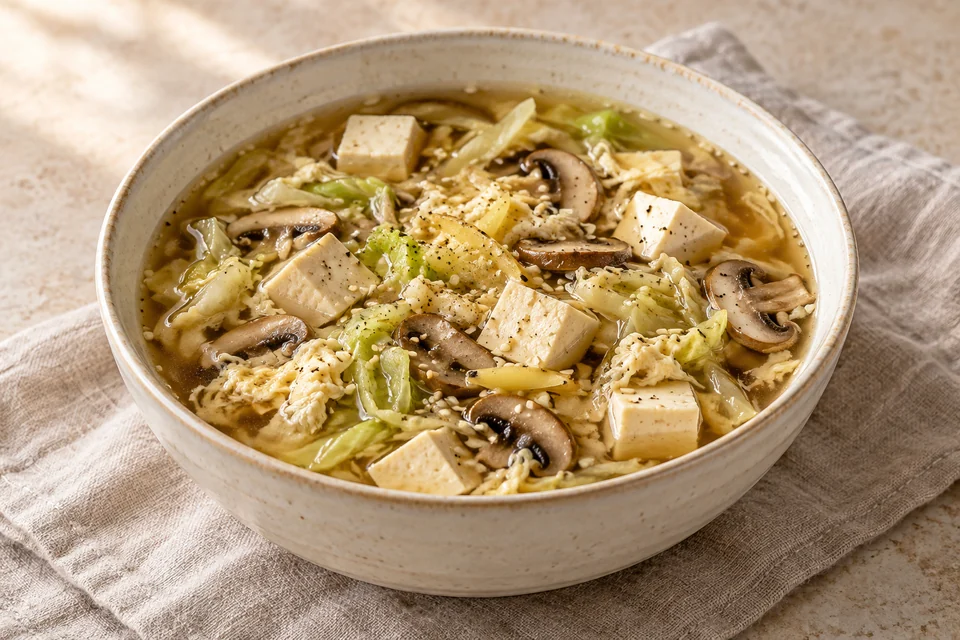 AI-generated serving suggestion for Tofu, Cabbage & Ginger Soup. A clear, ginger-scented broth with tofu, mushrooms, cabbage and fine ribbons of egg.
