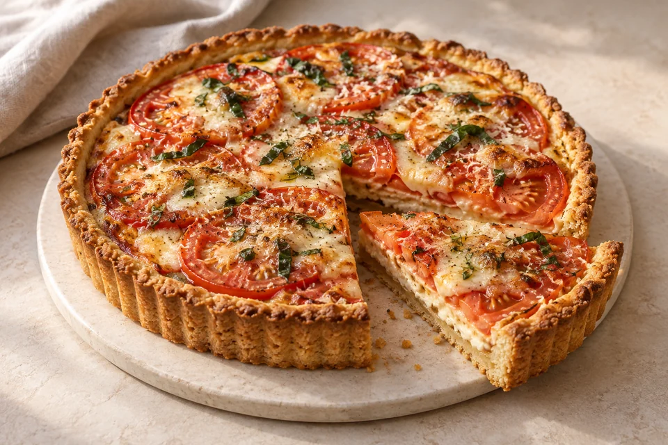AI-generated serving suggestion for Tomato & Mozzarella Almond Tart. An open almond tart layered with thin tomato slices, mozzarella and basil.