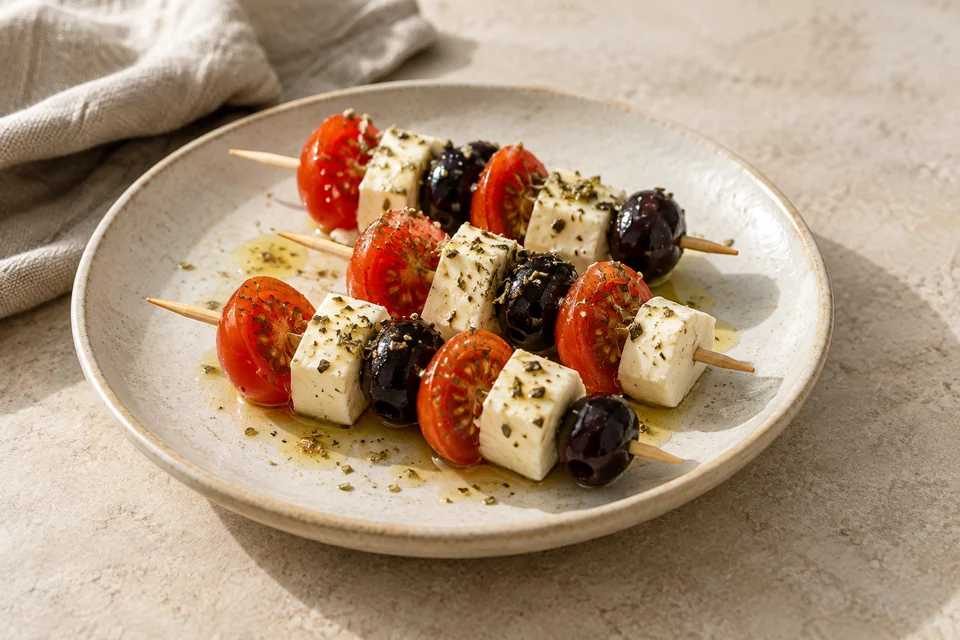 AI-generated serving suggestion for Tomato, Mozzarella & Olive Skewers: Bite-size tomato and mozzarella skewers with olives and a simple basil-lemon dressing.