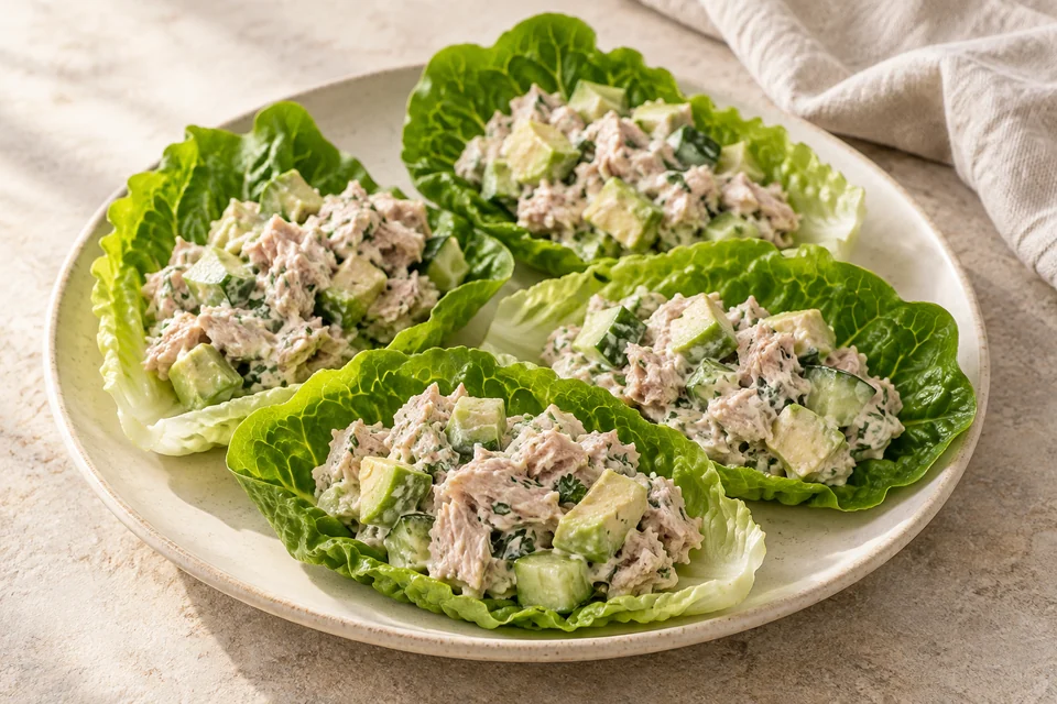 AI-generated serving suggestion for Tuna & Avocado Lettuce Boats. A no-cook tuna and avocado filling tucked into crunchy lettuce with cucumber and lemon yogurt.