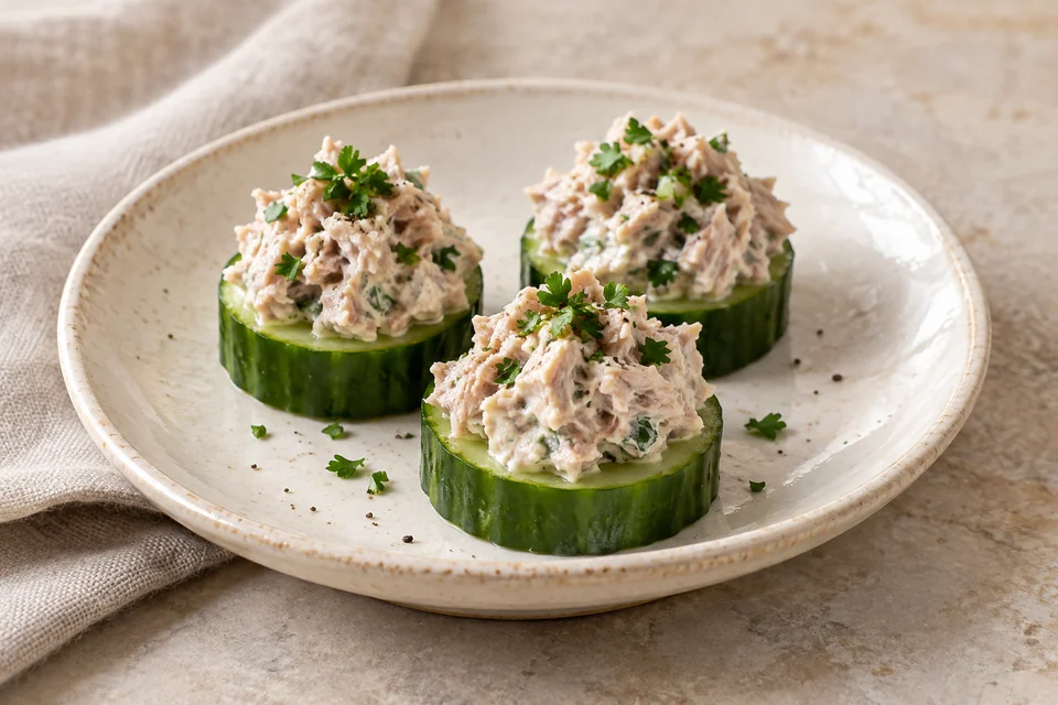 AI-generated serving suggestion for Tuna & Lemon Cucumber Bites: Cucumber rounds topped with a creamy tuna and lemon mixture, finished with parsley.