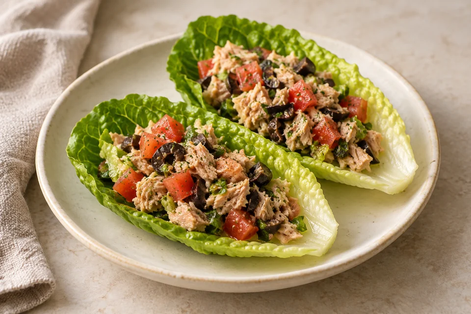 AI-generated serving suggestion for Tuna & Olive Romaine Boats: Tuna, chopped olives and tomato in crisp romaine leaves with a lemon-parsley dressing.