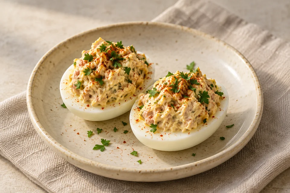 AI-generated serving suggestion for Tuna-Stuffed Eggs: Hard-boiled egg halves with a smooth tuna, mustard and mayonnaise filling.