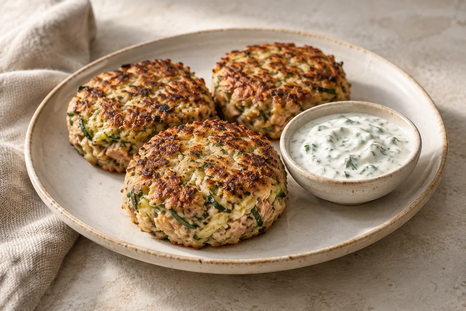 AI-generated serving suggestion for Tuna, Zucchini & Parmesan Cakes. Pan-fried tuna cakes held together with egg, Parmesan and well-squeezed zucchini.