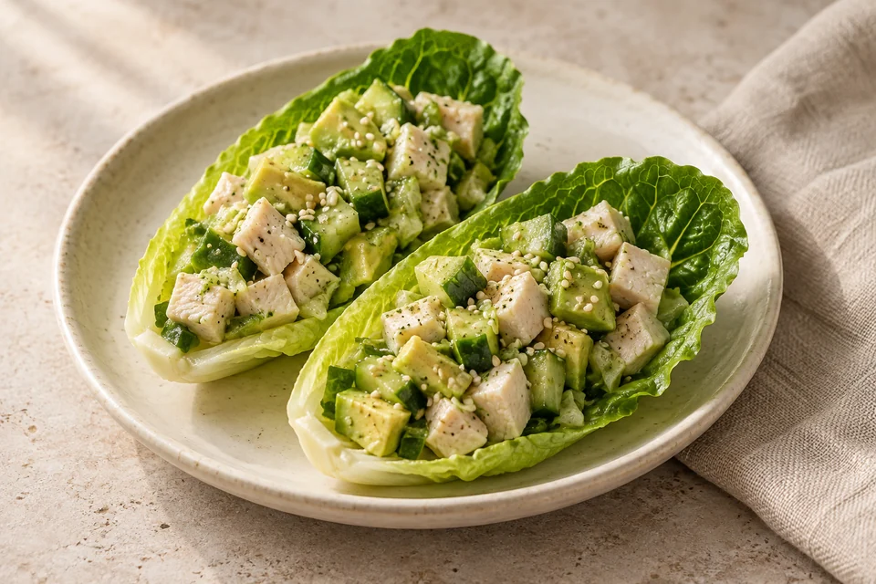 AI-generated serving suggestion for Turkey & Avocado Lettuce Boats: Chilled roast turkey and avocado tucked into small romaine leaves with lemon and sesame.