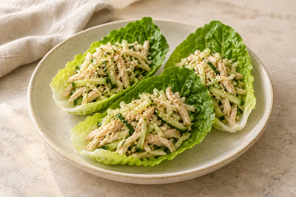 AI-generated serving suggestion for Turkey & Sesame Cabbage Cups: Finely shredded cabbage and chilled turkey with a light ginger-sesame dressing, served in lettuce cups.