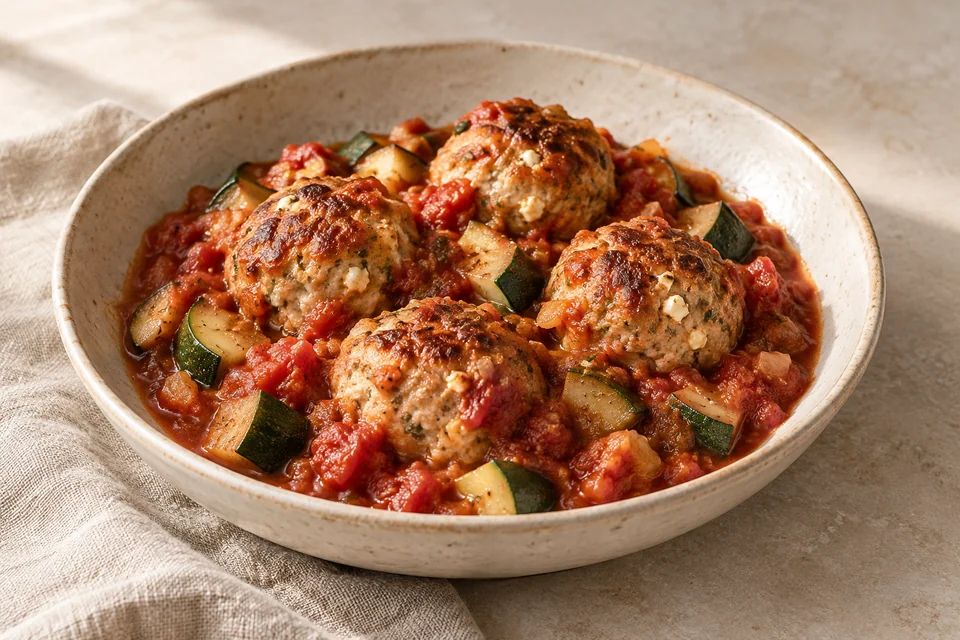 AI-generated serving suggestion for Turkey & Feta Meatballs. Tender turkey meatballs with feta, oregano and a chunky tomato sauce.