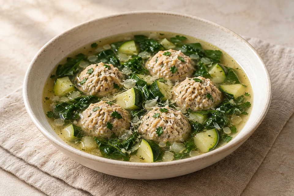 AI-generated serving suggestion for Turkey & Spinach Meatball Soup: Small turkey meatballs in a clear broth with zucchini, spinach and Parmesan.