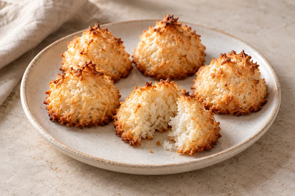AI-generated serving suggestion for Vanilla Coconut Macaroons. Small coconut mounds bound with egg white and baked to golden tips.