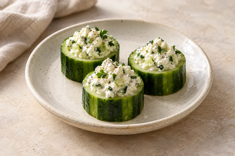 AI-generated serving suggestion for Whipped Feta Cucumber Cups: Crisp cucumber cups topped with whipped feta, yogurt and a little lemon.
