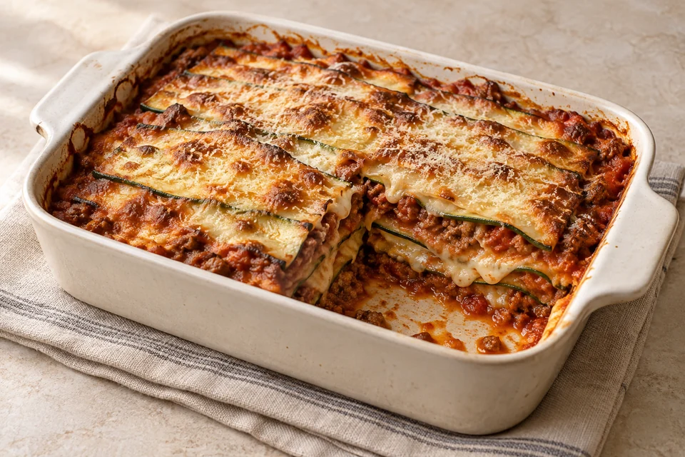 AI-generated serving suggestion for Zucchini Beef Lasagna. Roasted zucchini ribbons layered with a thick beef-tomato sauce, mozzarella and Parmesan. A bubbling oven bake that slices best after a short rest.