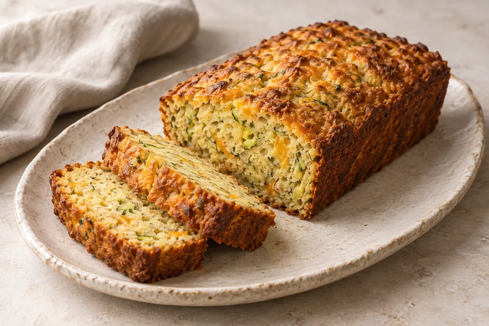 AI-generated serving suggestion for Zucchini & Cheddar Almond Loaf. A moist savory loaf with squeezed zucchini, cheddar and a hint of black pepper.