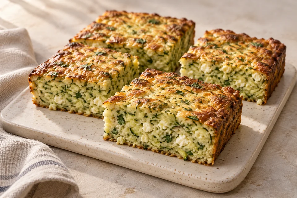 AI-generated serving suggestion for Zucchini & Feta Almond Slice. A savory tray slice with grated zucchini, feta and almond meal, cut into generous squares.