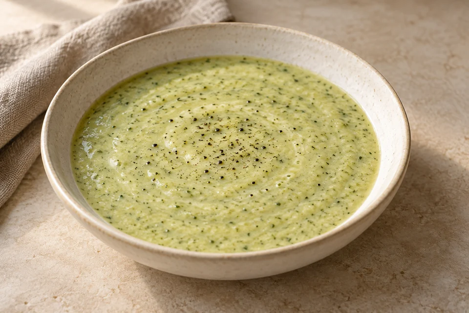 AI-generated serving suggestion for Zucchini, Ricotta & Basil Soup: A pale green zucchini soup with ricotta, dried basil and a lemon finish.