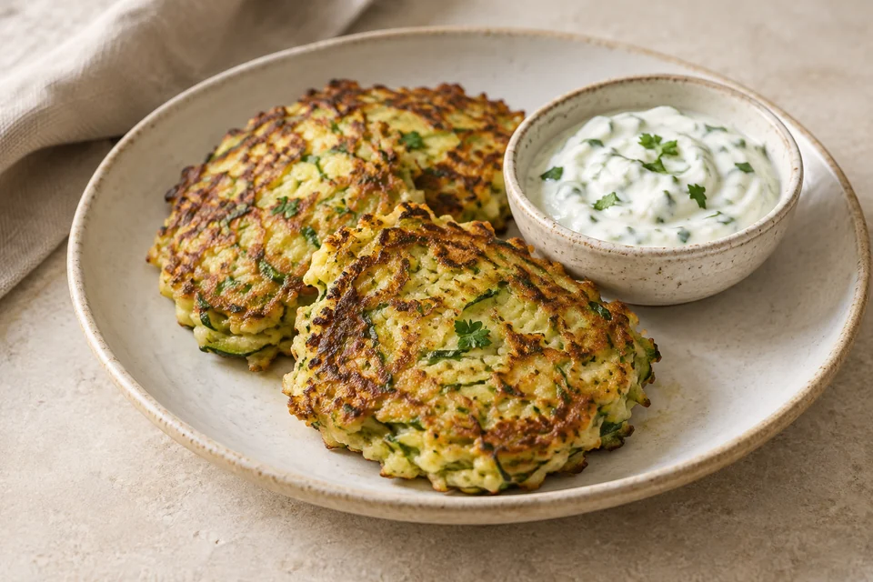 AI-generated serving suggestion for Zucchini & Ricotta Fritters. Golden zucchini fritters with almond meal and a lemony yogurt dip.